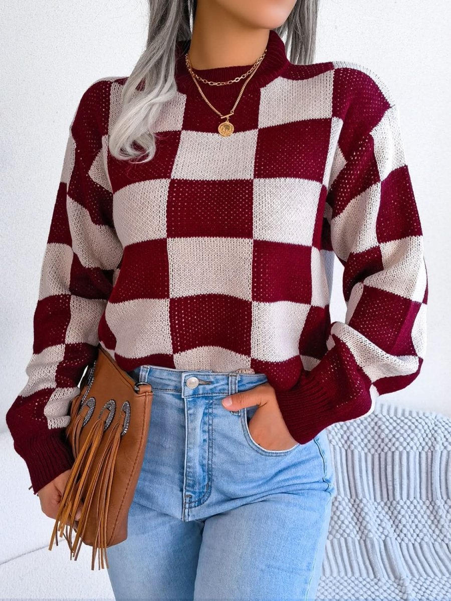 Checkered Mock Neck Long Sleeve Sweater - Love Salve